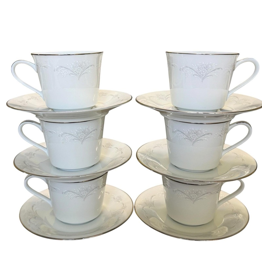 Noritake Casablanca 6842 Set of 6 Cups & Saucers White Platinum Japan Vintage